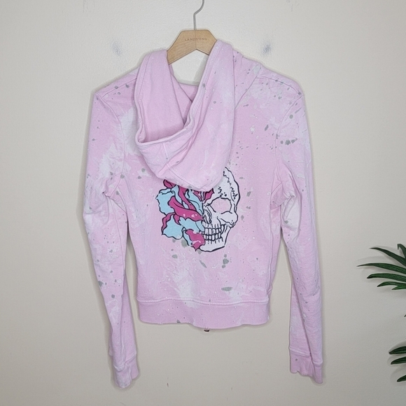 Y2K Grail | Distressed Splatter Zip Front Hoodie Sweatshirt with Skull on Back - Picture 8 of 11